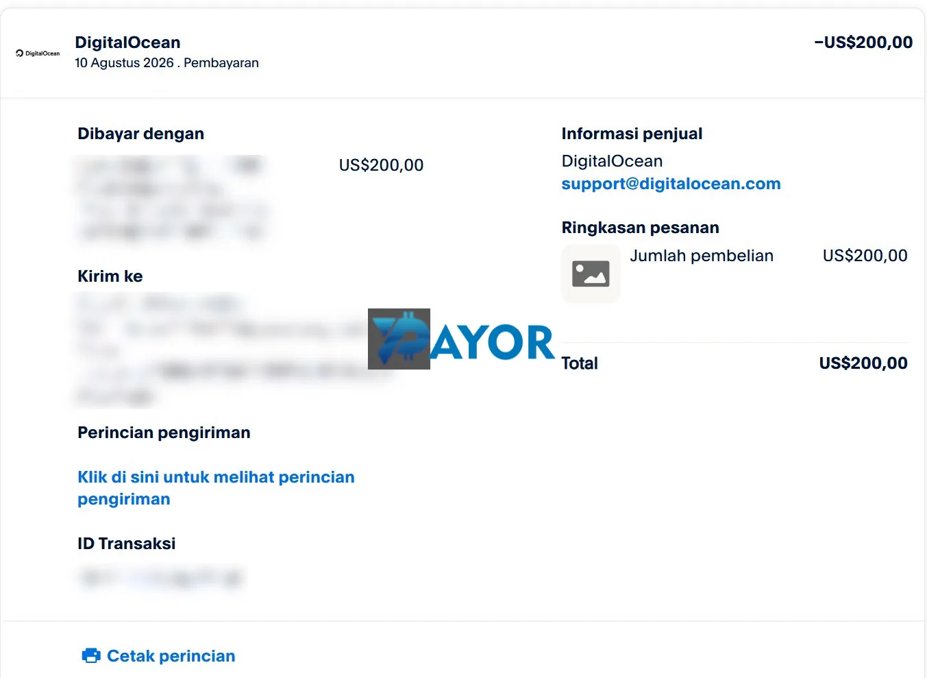 resi pembayaran deposit digitalocean via paypal US$200
