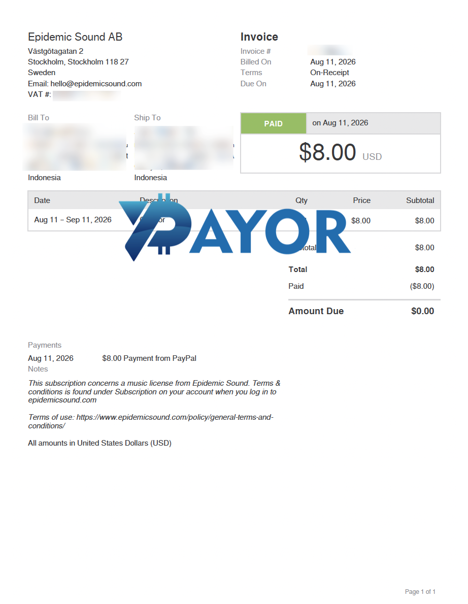 Resi PayPal pembayaran terkirim US$8 untuk langganan Epidemic Sound pelanggan Payor