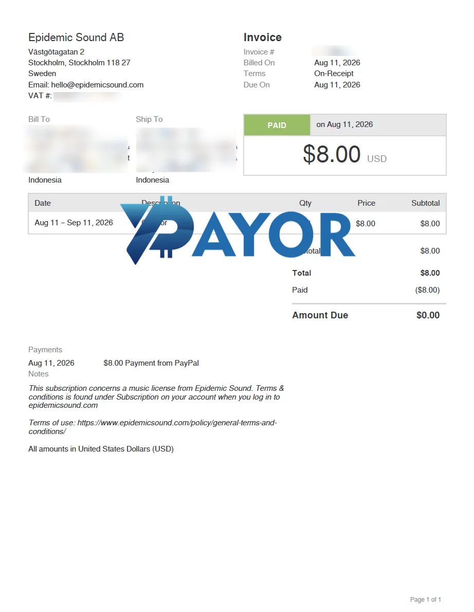 Resi PayPal pembayaran terkirim US$8 untuk langganan Epidemic Sound pelanggan Payor
