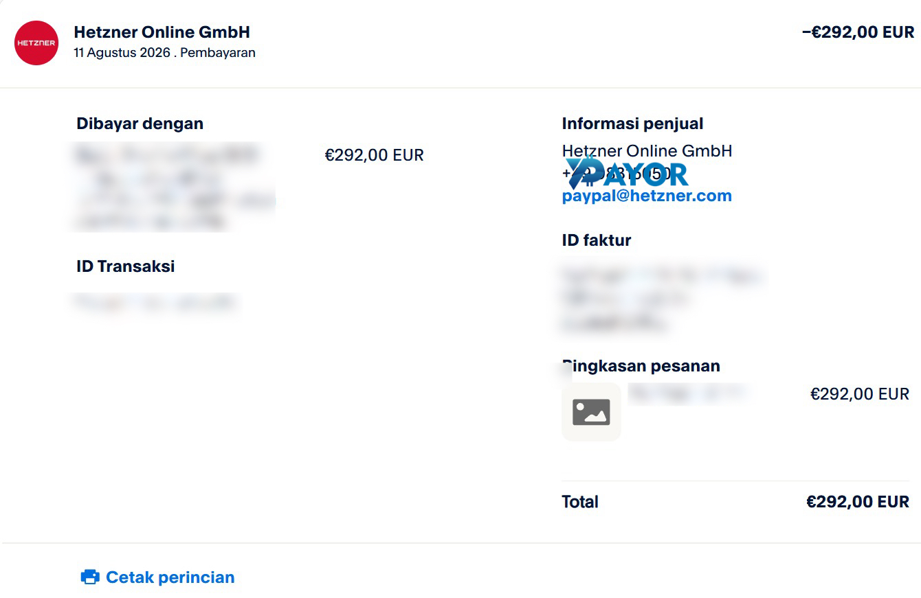 Resi PayPal pembayaran tagihan Hetzner 292 Euro untuk pelanggan Payor