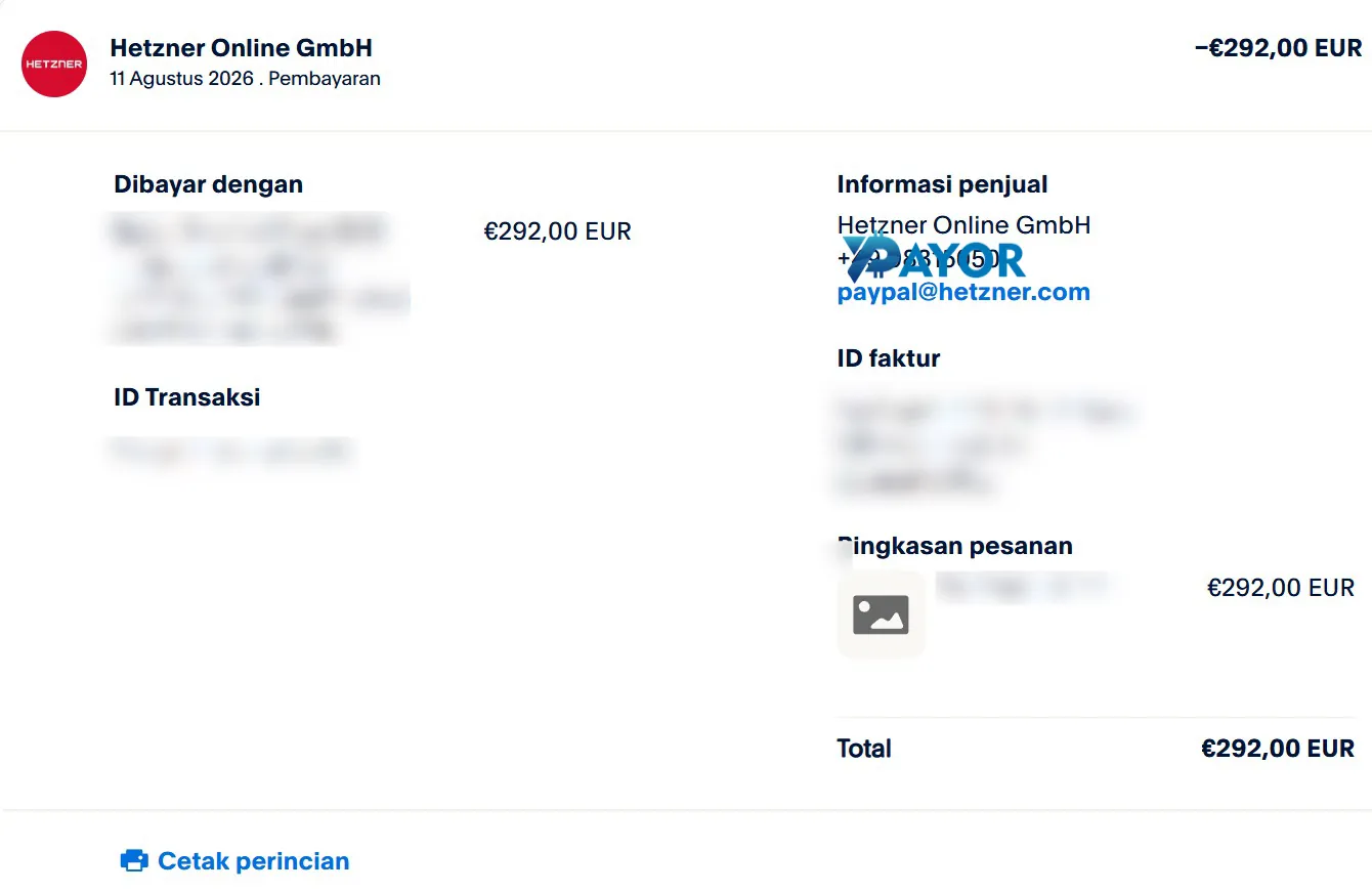 Resi PayPal pembayaran tagihan Hetzner 292 Euro untuk pelanggan Payor