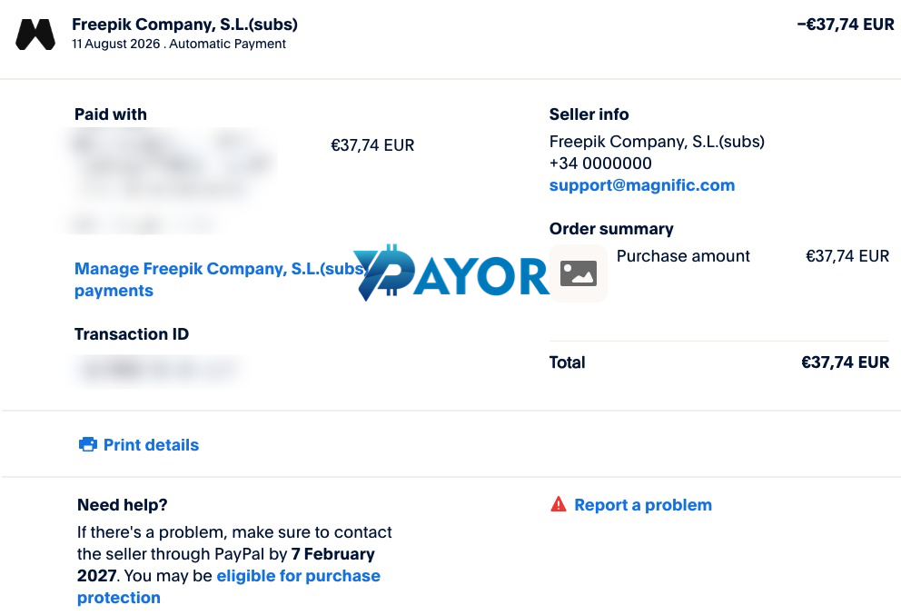 Resi PayPal bukti cara membayar Freepik (Magnific) senilai 37,74 Euro oleh Payor