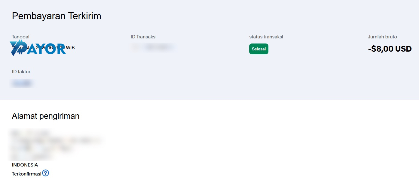 Invoice resmi bukti cara bayar Epidemic Sound US$8 lunas via PayPal oleh Payor