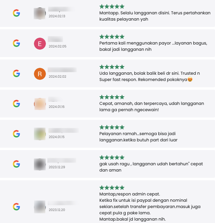 deretan ulasan pembeli saldo PP di Payor dari halaman Google