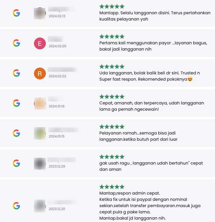 deretan ulasan pembeli saldo PP di Payor dari halaman Google