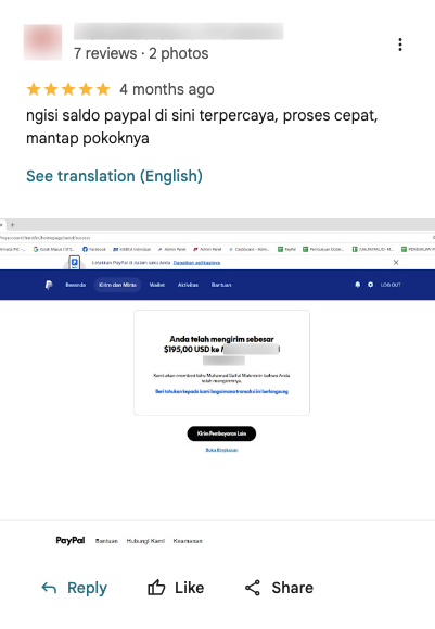 ulasan Google pelanggan jasa top up PayPal Payor — rating 5,0 dari 1.000+ ulasan