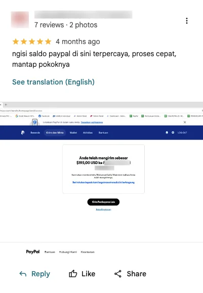 ulasan Google pelanggan jasa top up PayPal Payor — rating 5,0 dari 1.000+ ulasan