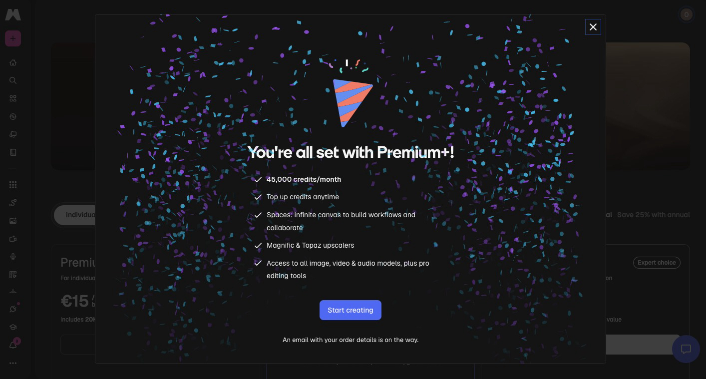 Konfirmasi paket Premium+ Magnific aktif dengan 45.000 kredit per bulan di dasbor pelanggan Payor