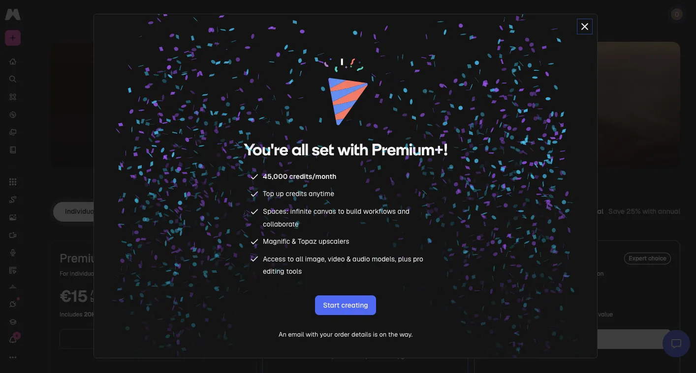 Konfirmasi paket Premium+ Magnific aktif dengan 45.000 kredit per bulan di dasbor pelanggan Payor