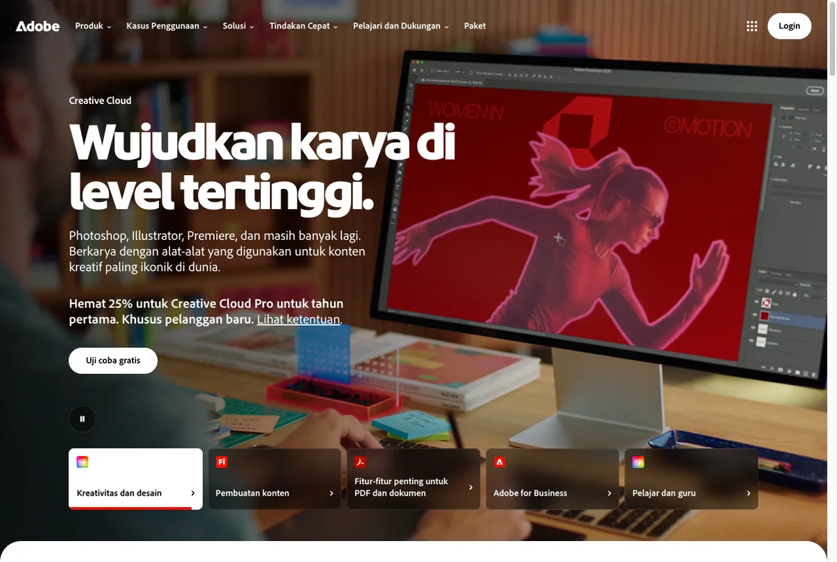 Halaman depan Adobe Indonesia (adobe.com/id_id), pintu masuk langganan Adobe Creative Cloud dengan harga Rupiah, diakses 28 September 2026