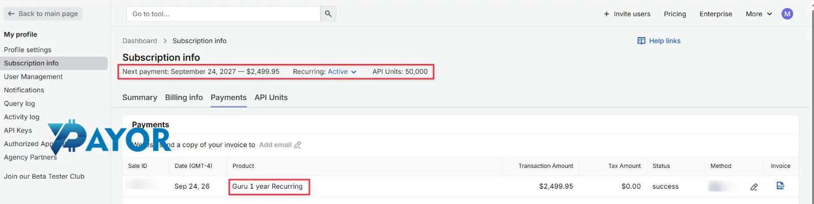 dasbor Subscription info Semrush: Guru 1 year Recurring US$2.499,95 aktif, tagihan berikutnya 24 September 2027