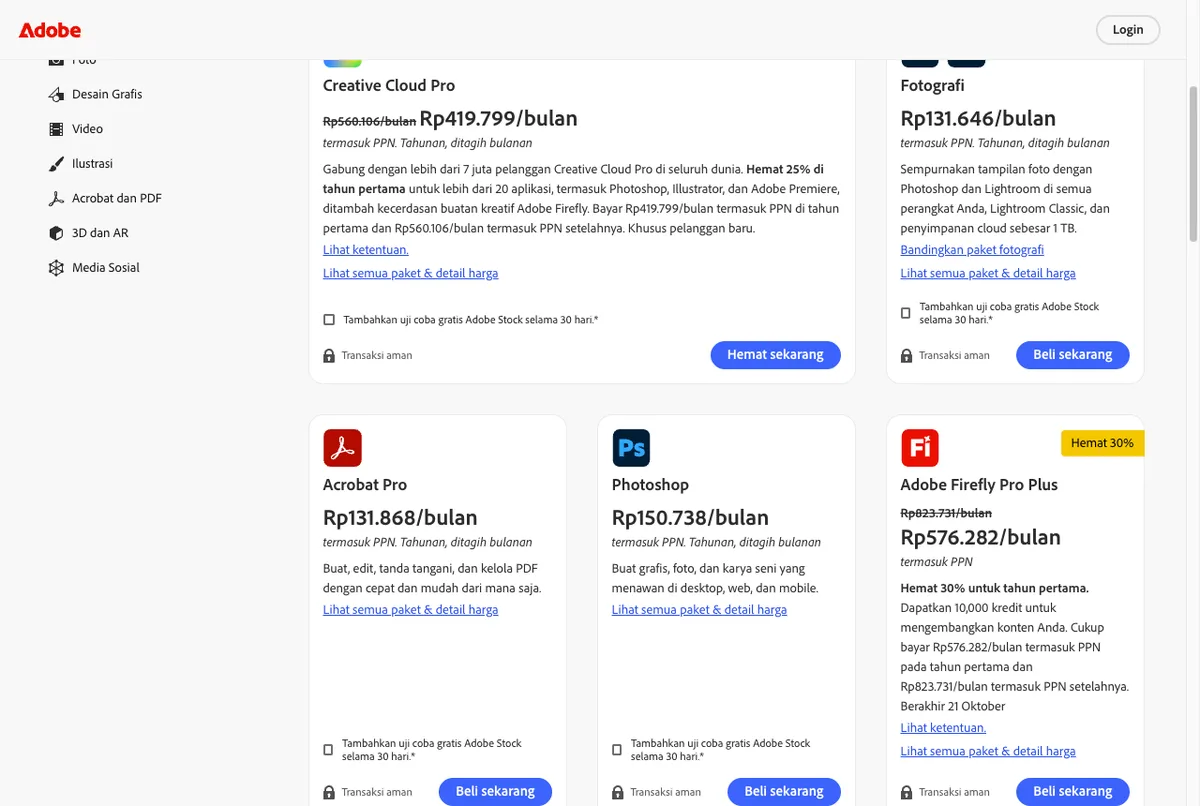 Harga Adobe Creative Cloud Indonesia per 28 September 2026: Creative Cloud Pro Rp560.106 per bulan, promo tahun pertama Rp419.799, Fotografi Rp131.646, aplikasi tunggal Rp150.738, termasuk PPN, langkah awal cara bayar Adobe Creative Cloud
