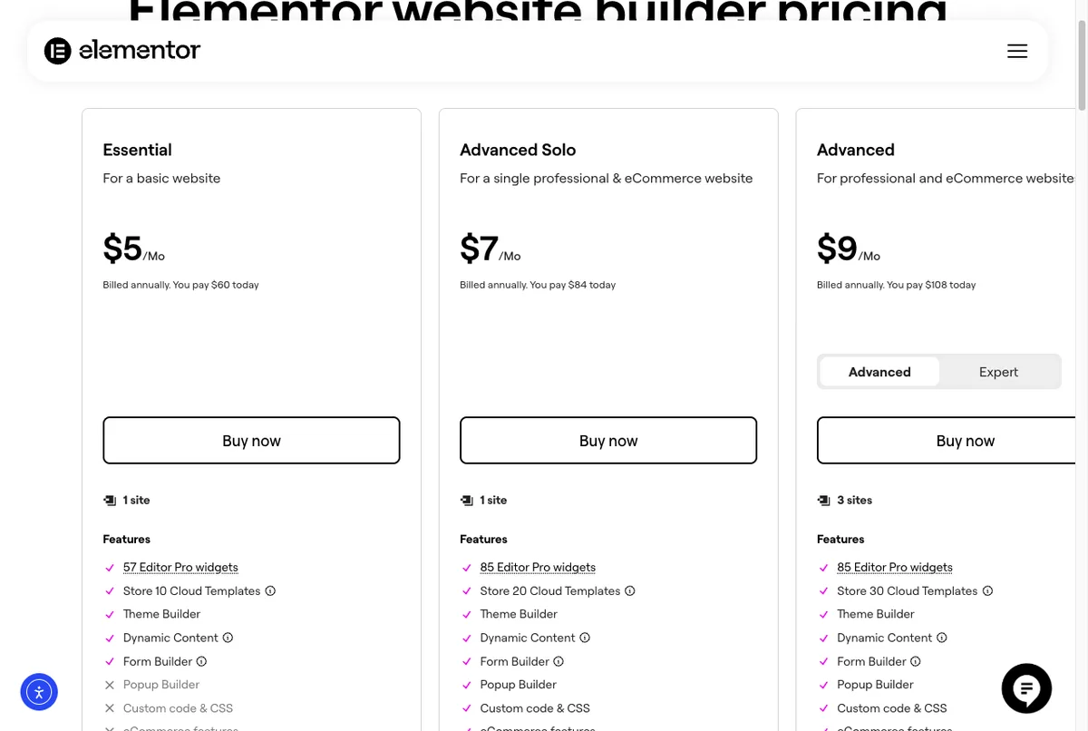 Harga Elementor Pro per 28 September 2026: Essential $5, Advanced Solo $7, Advanced $9, Expert $17 per bulan, lisensi Elementor Pro ditagih tahunan