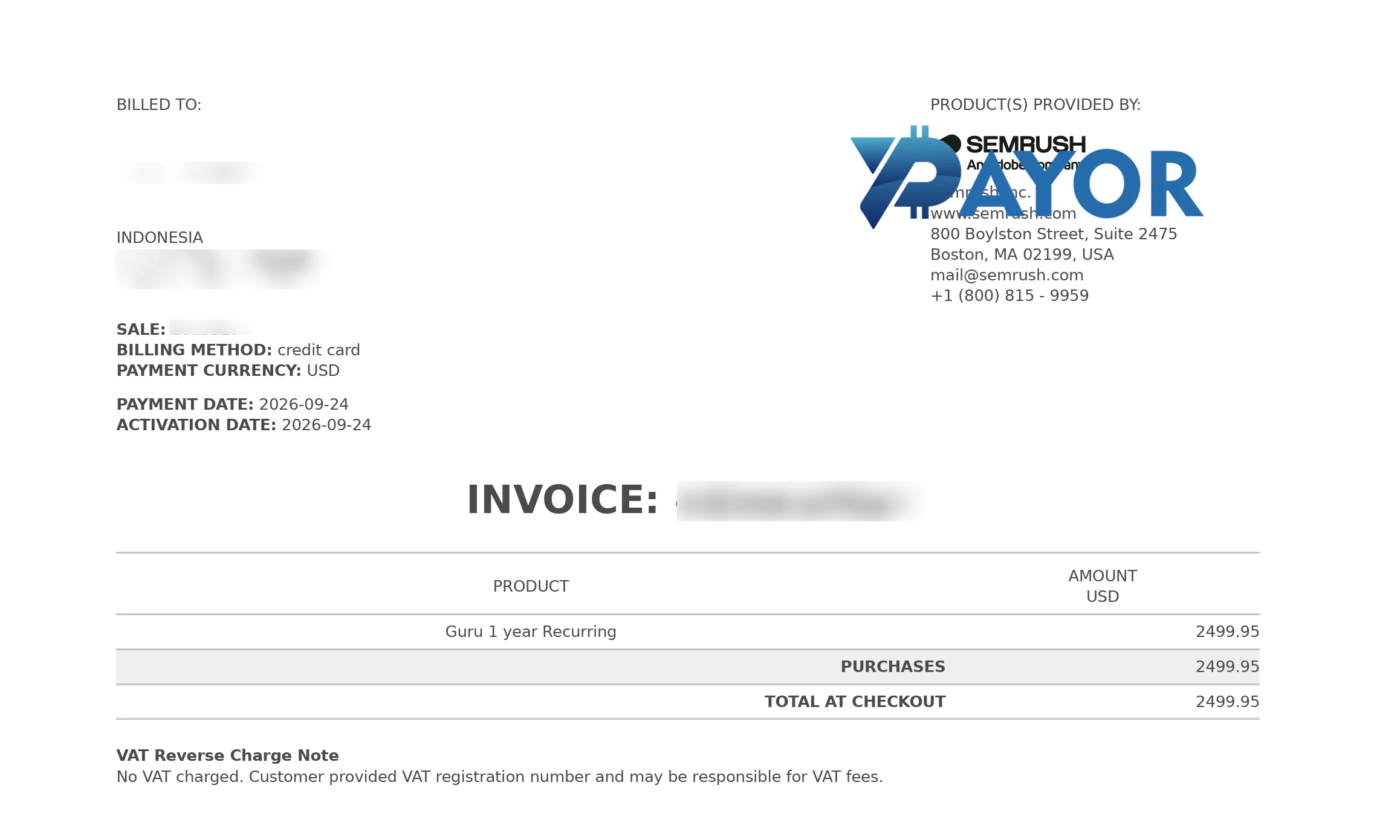 invoice Semrush Guru 1 year Recurring US$2.499,95 dibayar kartu kredit lewat Payor, 24 September 2026