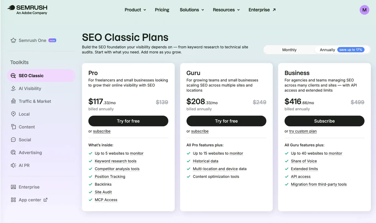 harga Semrush toolkit SEO Classic: Pro $139, Guru $249, Business $499 per bulan, dilihat 24 September 2026