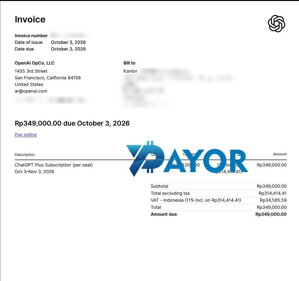 Invoice OpenAI sebagai bukti cara bayar ChatGPT Plus Rp349.000 termasuk PPN 11% pada 3 Oktober 2026