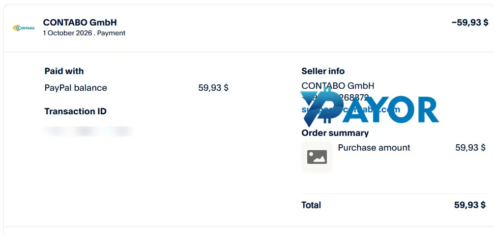 Resi PayPal pembayaran VPS Contabo senilai US$59,93 kepada CONTABO GmbH yang dibayarkan Payor dari saldo PayPal pada 1 Oktober 2026