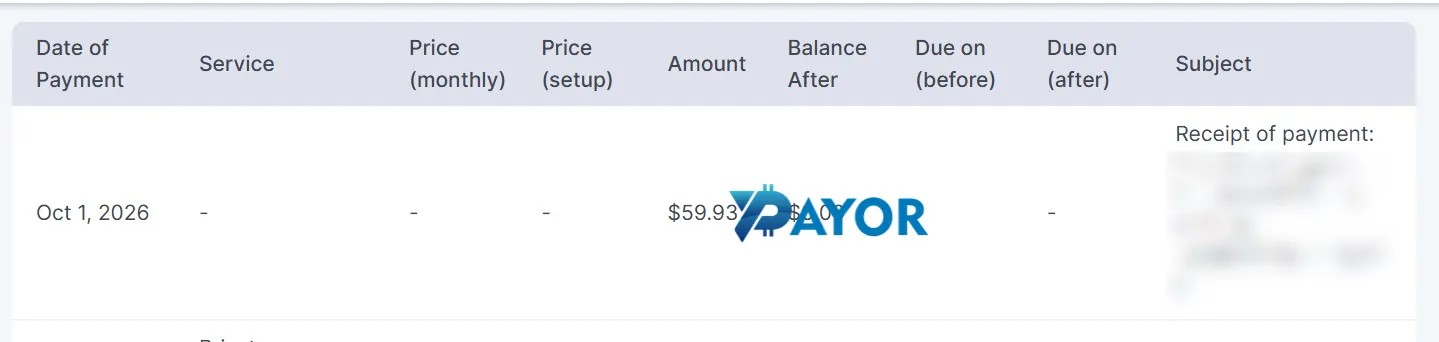 Riwayat pembayaran di dasbor Contabo yang mencatat US$59,93 pada 1 Oktober 2026, bukti transaksi nyata dalam review VPS Contabo ini
