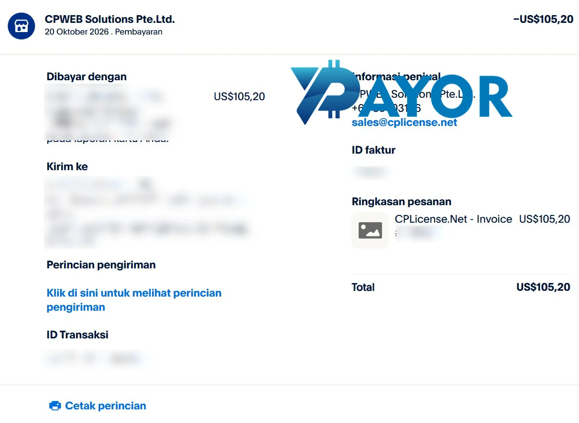 Resi PayPal pembayaran invoice CPLicense.Net US$105,20 kepada CPWEB Solutions Pte. Ltd., 20 Oktober 2026