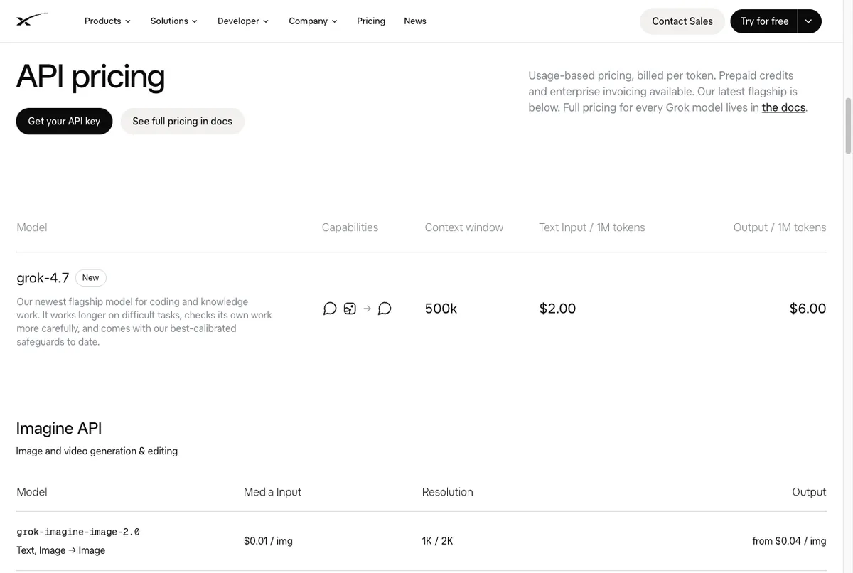 Bagian API pricing di x.ai: Grok API ditagih per token, dengan kredit prabayar dan invoice enterprise