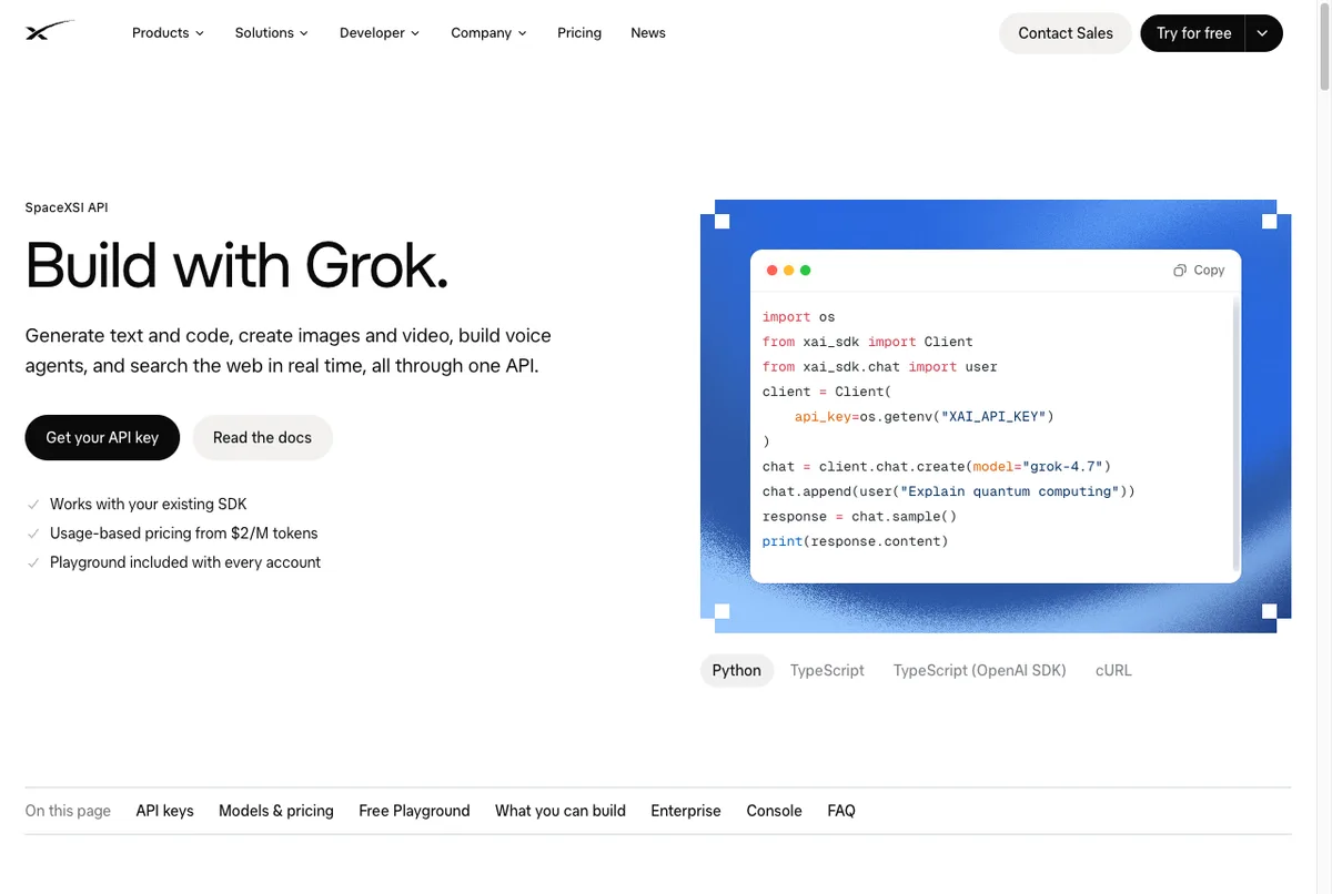 Halaman resmi Grok API (SpaceXSI API) dengan harga pemakaian mulai US$2 per 1 juta token dan Playground di setiap akun