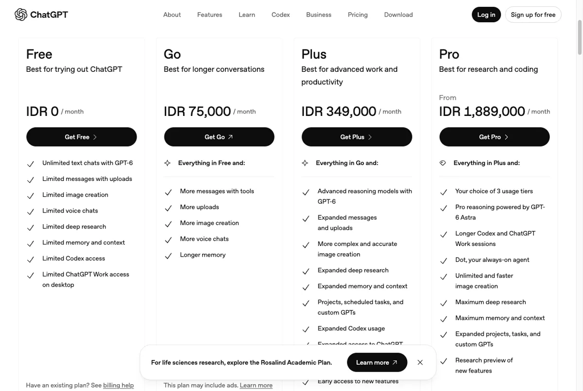 Harga ChatGPT Plus di Indonesia Rp349.000 per bulan di halaman resmi per Oktober 2026