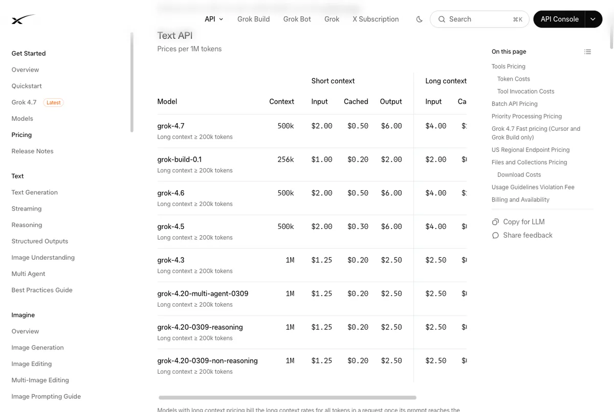 Harga Grok API di dokumentasi resmi xAI per 13 Oktober 2026: grok-4.7 US$2 input dan US$6 output per 1 juta token, grok-4.3 US$1,25 dan US$2,50