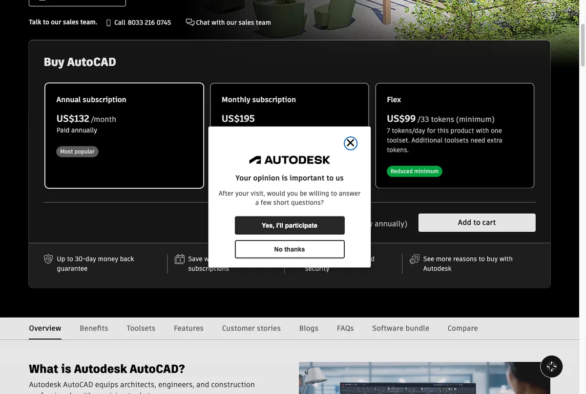 Harga langganan AutoCAD di toko resmi Autodesk ASEAN per 15 Oktober 2026: US$132 per bulan dibayar tahunan, US$195 bulanan, Flex US$99 untuk 33 token