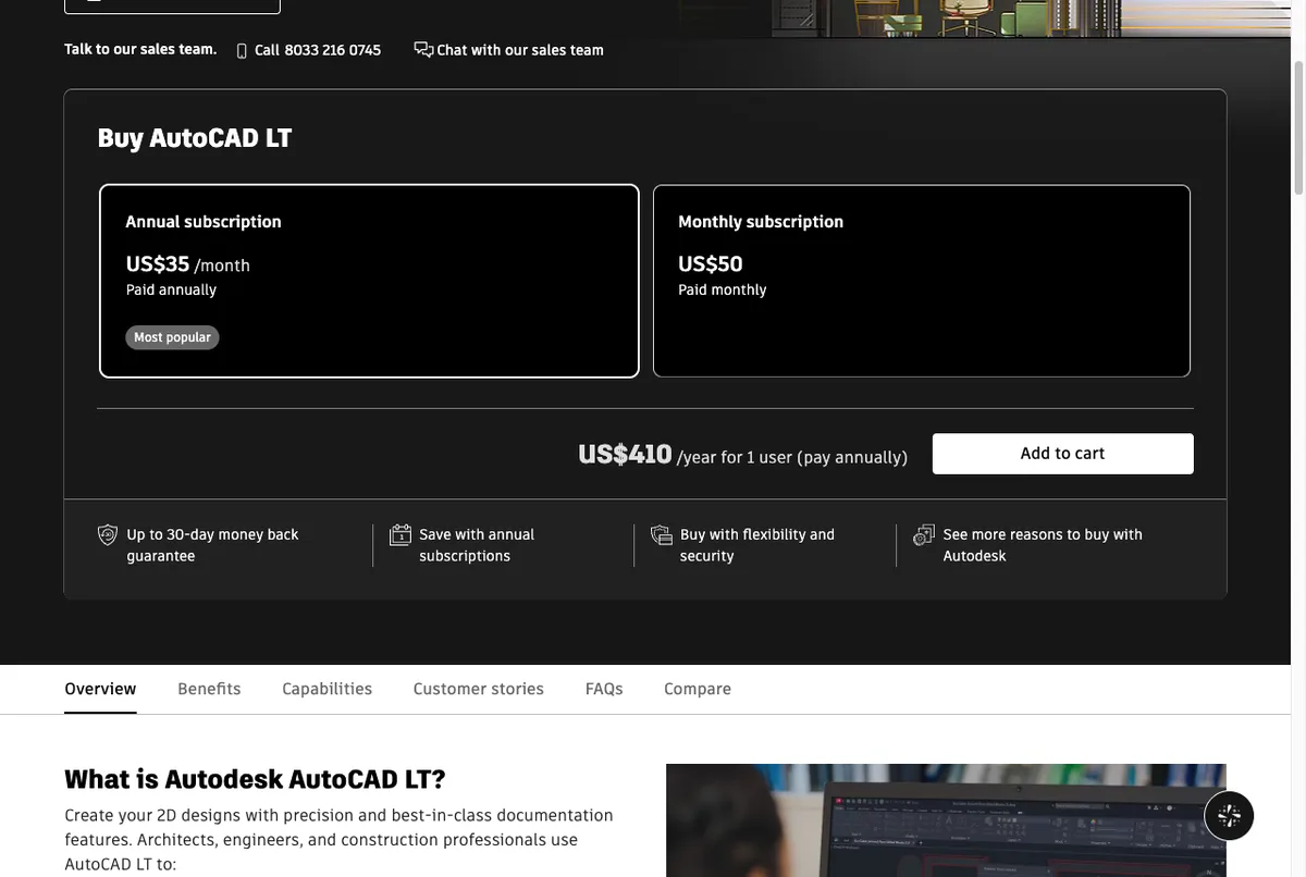 Harga langganan AutoCAD LT di toko resmi Autodesk ASEAN per 15 Oktober 2026: US$410 per tahun atau US$50 per bulan