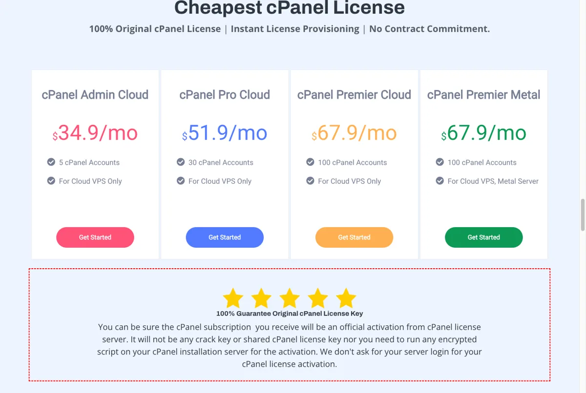 Harga lisensi cPanel di CPLicense.net untuk Admin, Pro, dan Premier per bulan, Oktober 2026