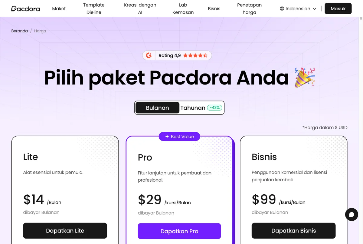 Harga Pacdora paket Lite, Pro, dan Business per bulan di halaman resmi, Oktober 2026