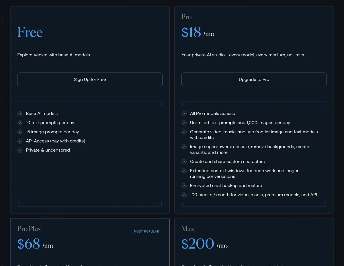 Harga Venice AI Pro US$18 per bulan beserta paket Free, Pro Plus, dan Max di halaman resmi