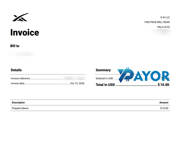 Bukti top up Grok API: invoice X.AI LLC 12 Oktober 2026 untuk Prepaid tokens US$10,00 yang dibayarkan Payor