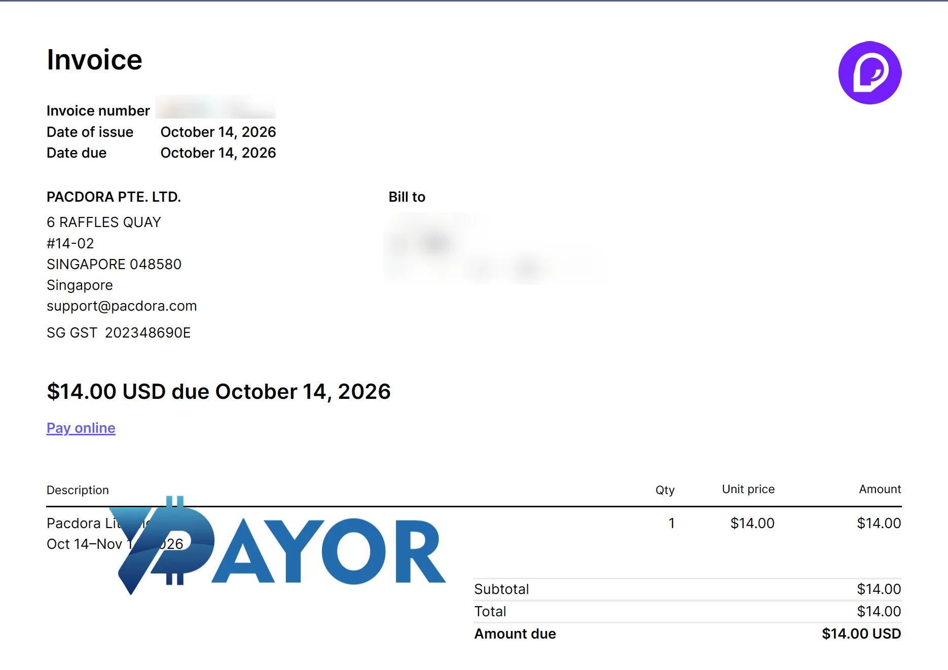 Invoice bukti harga Pacdora Lite US$14 per bulan dari PACDORA PTE. LTD., 14 Oktober 2026