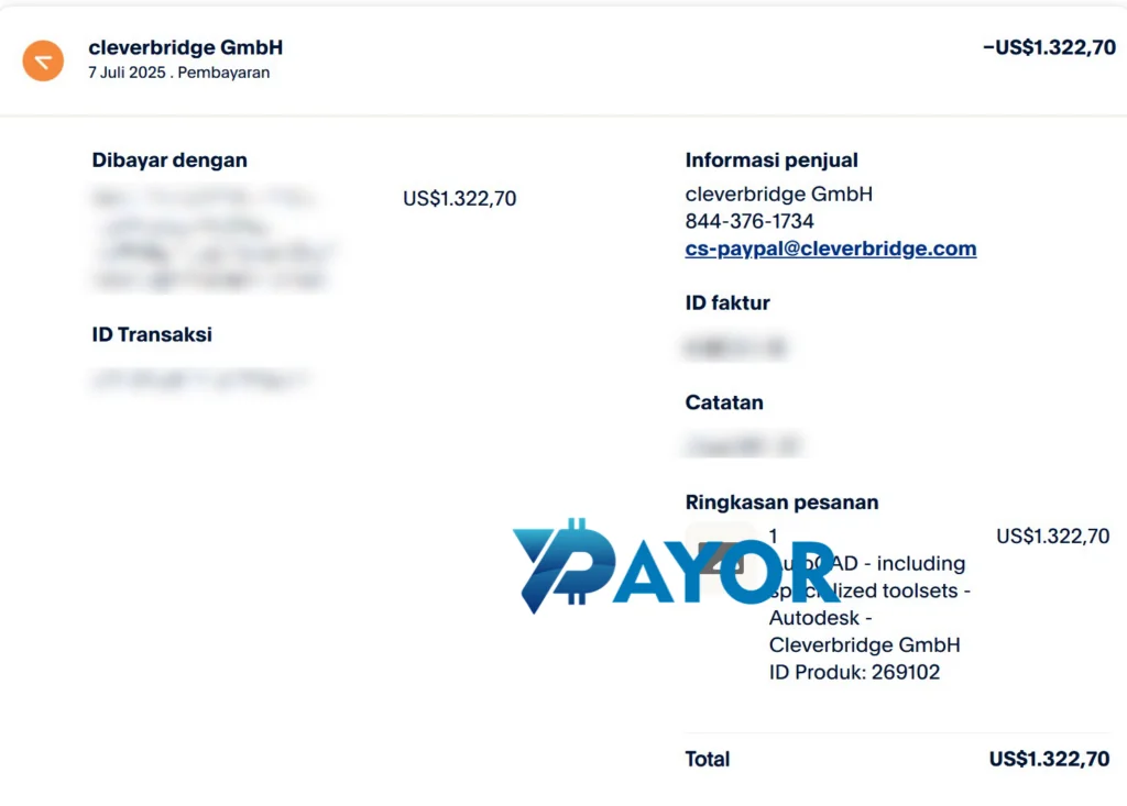 Bukti bayar langganan AutoCAD 1 tahun US$1.322,70 lewat PayPal ke cleverbridge GmbH pada 7 Juli 2025 yang dibayarkan Payor