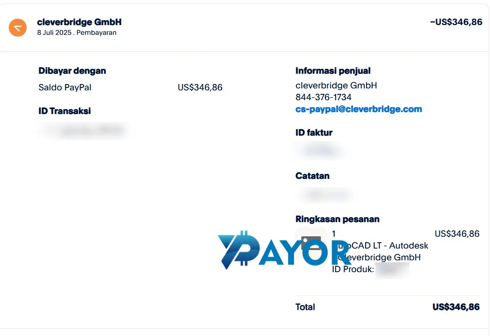 Resi PayPal langganan AutoCAD LT US$346,86 dari saldo PayPal ke cleverbridge GmbH pada 8 Juli 2025