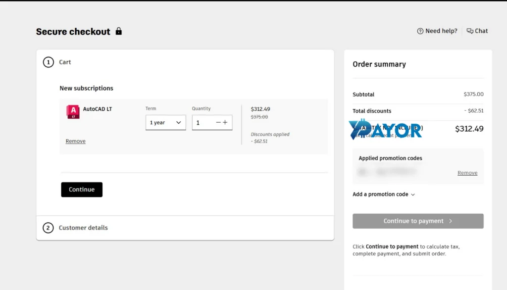 Keranjang checkout Autodesk untuk langganan AutoCAD LT 1 tahun: US$375 dipotong kode promo US$62,51 menjadi US$312,49