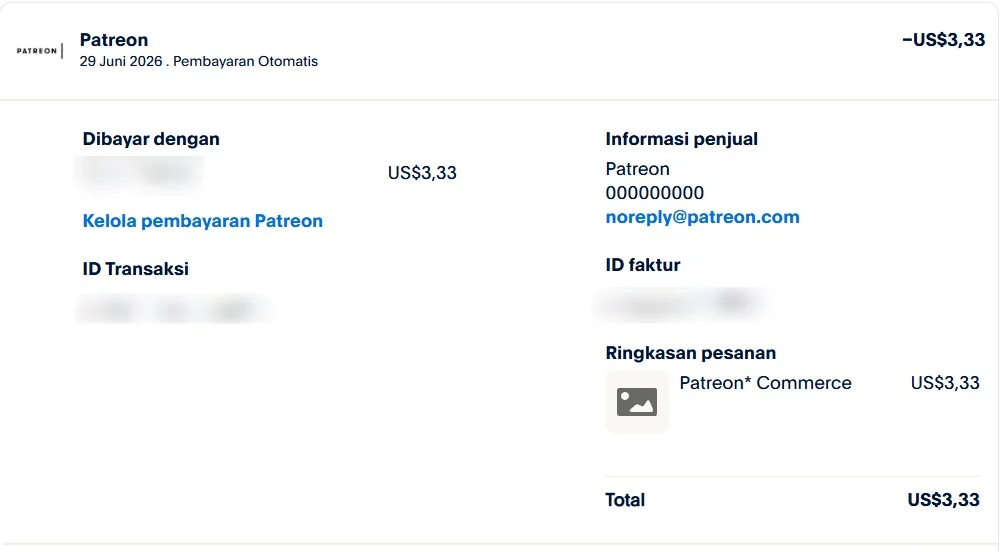 Resi PayPal pembelian Patreon Commerce US$3,33 tanggal 29 Juni 2026 yang dibayarkan Payor