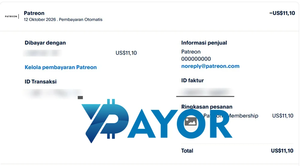 Resi PayPal pembayaran Patreon US$11,10 tanggal 12 Oktober 2026 yang dibayarkan Payor