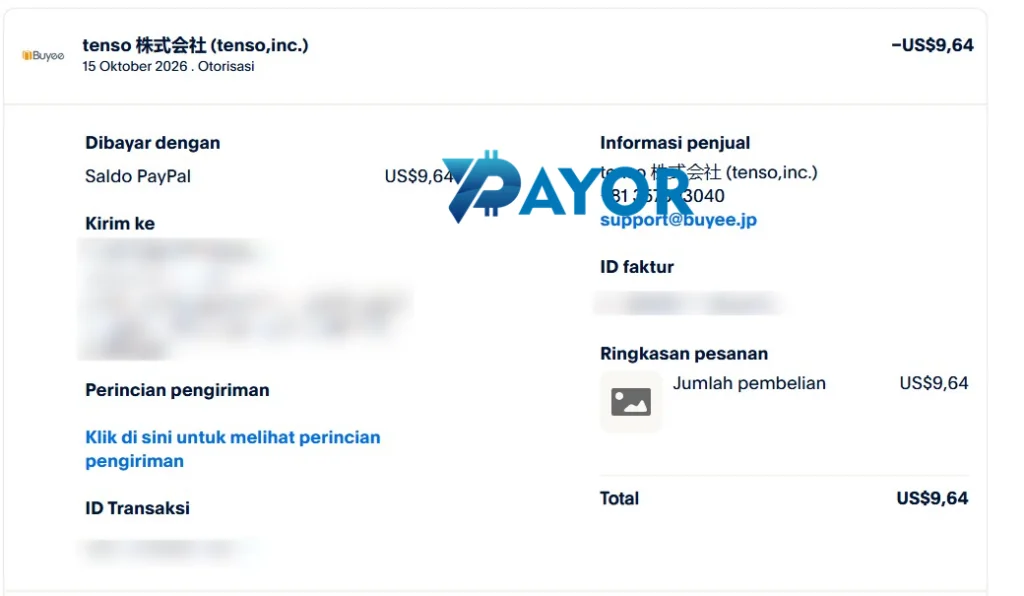Resi PayPal pembayaran Buyee US$9,64 kepada tenso, inc. dari saldo PayPal pada 15 Oktober 2026 yang dibayarkan Payor