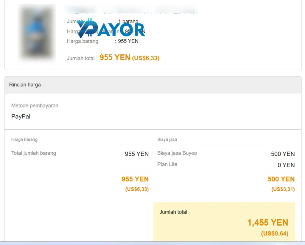 Rincian pembayaran pertama Buyee untuk beli barang Jepang di Mercari: barang 955 yen ditambah biaya jasa 500 yen, total 1.455 yen atau US$9,64