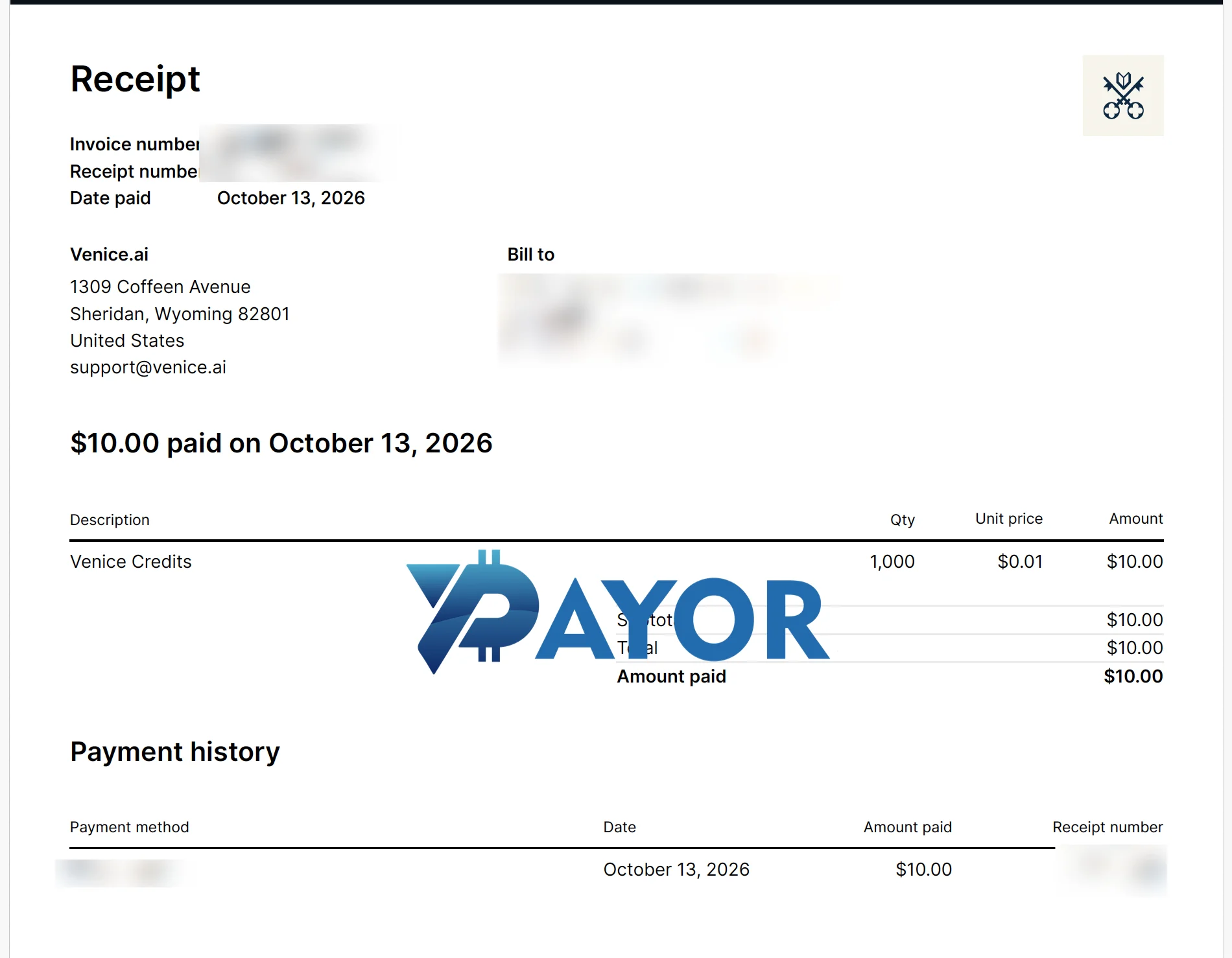 Receipt Venice.ai pembelian 1.000 Venice Credits seharga US$10, 13 Oktober 2026